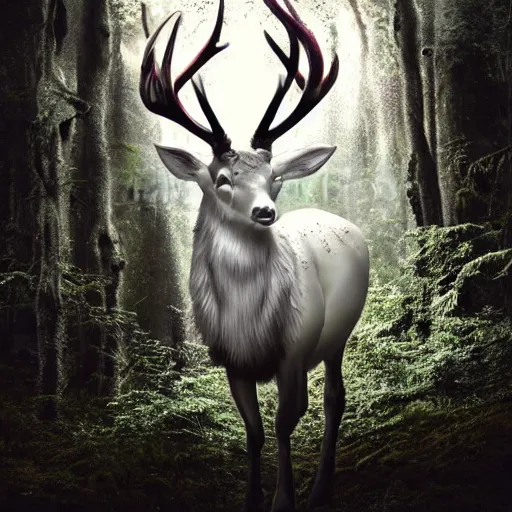 Prompt: the king of the forest, a white stag, fantasy, dramatic lighting