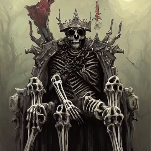 Image similar to Skeleton King, undead knight, resting on his throne, oil painting, by Fernanda Suarez and Greg Rutkowski