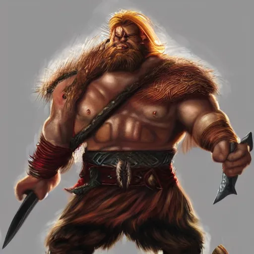 Prompt: masterpiece digital painting portrait of gotrek! ( troll slayer dwarf ) yelling, frenzy, punk hair style, red hair, epic, cinematic lights, huge axe, by boris vallejo and samwise didier, warhammer battle, artstation, pinterest, unreal engine render, 8 k, detailed