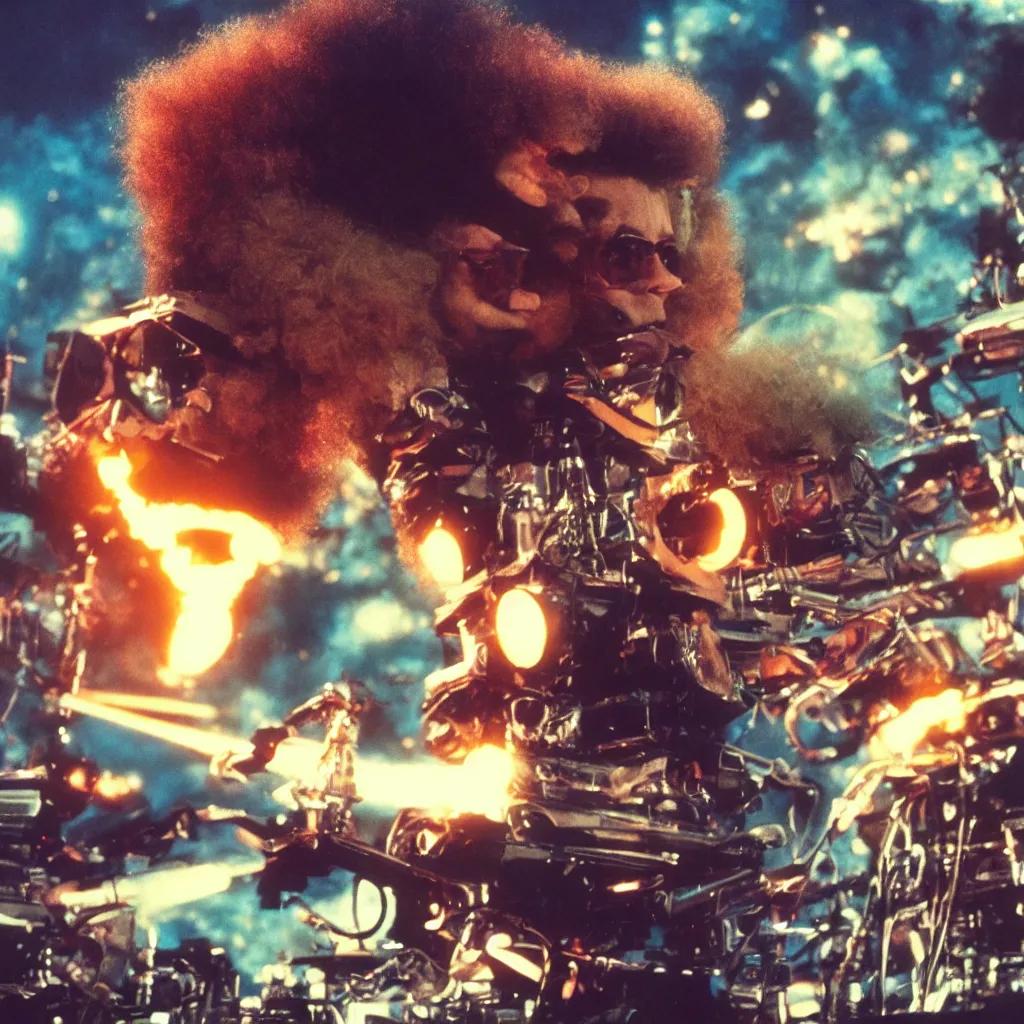 Prompt: elton john with a afro hair style riding a missile, cinematic framing, cinematic lighting, hdr, gritty, movie still, 4k, 70s psychedelic style