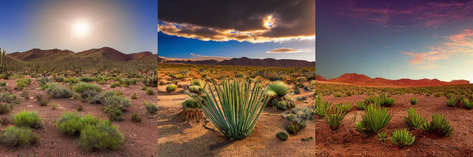 Prompt: A patch of desert covers a large valley. Desert plants grow amongst the leaves. Dark greenish sky. Sun comes to a close by mid morning in the morning, photorealistic