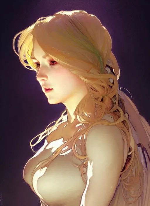 Prompt: digital character concept art by artgerm and greg rutkowski and alphonse mucha. clear portrait of a modern young wife blessed by god to uncontrollably become overwhelmingly perfect!! blonde, full - figured in clothes, obviously feminine holy body!! light effect. hyper detailed, glowing lights!! intricate, elegant, digital painting, artstation, smooth, sharp focus