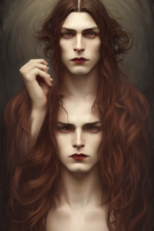 Image similar to a beautiful androgynous man, long hair, deep brown eyes, vampire, illustration, dramatic lighting, soft details, painting oil on canvas, art nouveau, octane render, HDR, 4k, 8k, HD, by Edmund Blair Leighton, Brom, Charlie Bowater, faces by otto schmidt