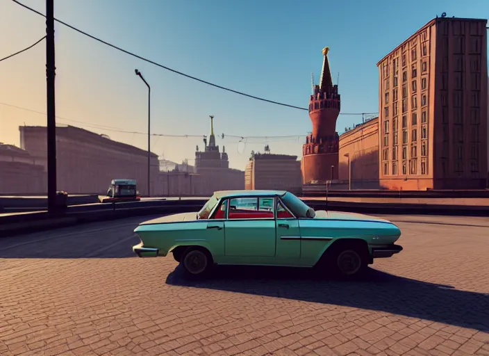 Image similar to hyperrealistic matte painting of gta moscow, 1 9 6 0, playstation 5 screenshot, mega details, golden hour, beautiful rtx reflections, soviet suburbs, photorealistic, unreal engine 5, octane render, volumetric light, featured on cg society, 4 k, 5 0 mm bokeh, kodachrome, russian lada car, artstation