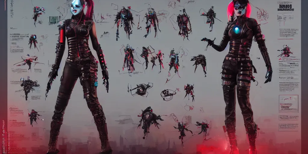 Prompt: cyberpunk harley quinn, character sheet, concept design, contrast, hot toys, kim jung gi, greg rutkowski, zabrocki, karlkka, jayison devadas, trending on artstation, 8 k, ultra wide angle, pincushion lens effect