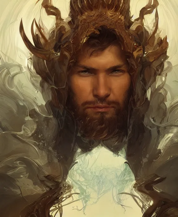 Image similar to portrait close up of guy, concentrated look, symmetry, with an explosion on the back, d & d, fantasy, intricate, elegant, highly detailed, digital painting, artstation, concept art, art by artgerm and greg rutkowski and alphonse mucha, boris vallejo