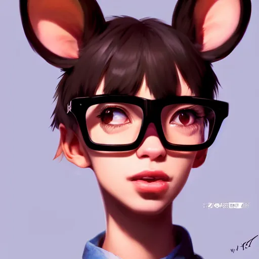 Prompt: character design portrait of an anthropomorphic furry rat girl with rat ears, wearing medium - sized glasses, looking at the camera, 4 k, concept art, by wlop, ilya kuvshinov, artgerm, krenz cushart, pixiv.