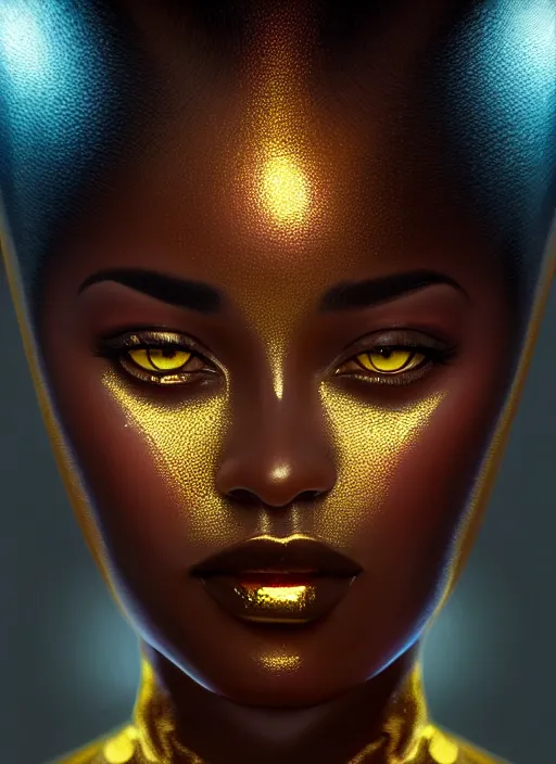 Image similar to a gorgeous black woman oil painting, soft lighting, wearing shiny gold catsuit, illuminated only by floating, glowing alien symbols, realistic, smooth face, perfect eyes, wide angle, sharp focus on eyes, 8 k high definition, insanely detailed, intricate, elegant, art by artgerm, livia prima and wlop