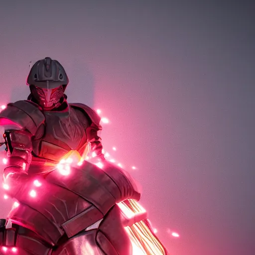 Image similar to dark metalic shoulder armour lit by fire behind and a bright pink light source in front. cinematic lighting, realistic concept art. octane render
