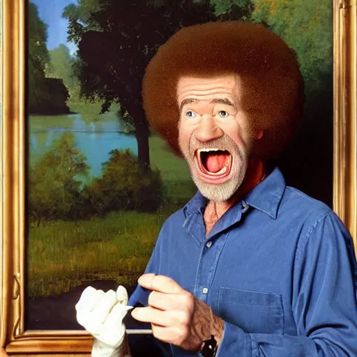 Prompt: bob ross screaming at his painting by norman rockwell