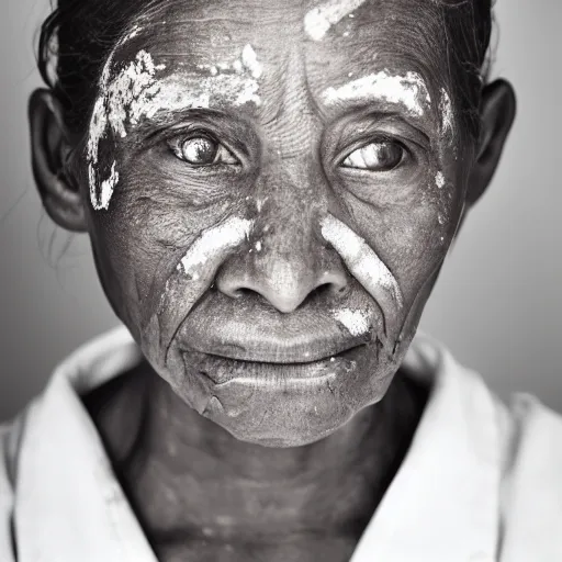 Prompt: portrait mugshot, young lady with leprosy on face, medical, bokeh, 6 0 mm, studio light, face