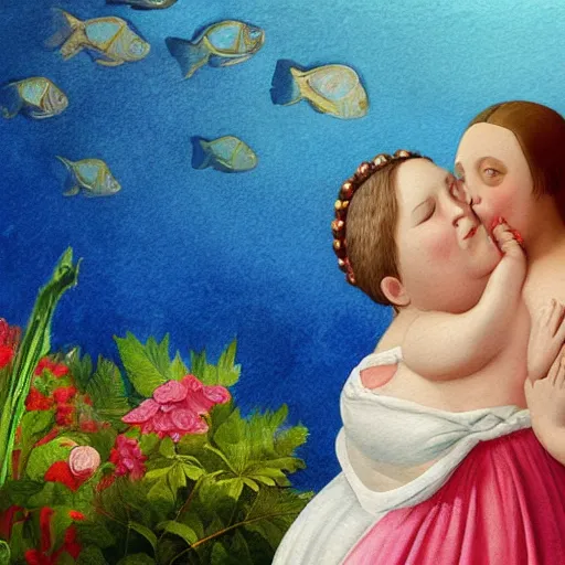 Prompt: a stylize oil painting in renaissance style of a very sweet little fat girl kissing a huge colorful cute fish. red mouth, blue eyes. flowery dress. hyper realistic scene. 3 d, octane render, deep focus, white scene. very funny and sweet image. unreal engine. watercolor. fellini style. poster quality. da vinci painting style. pencil illustration.