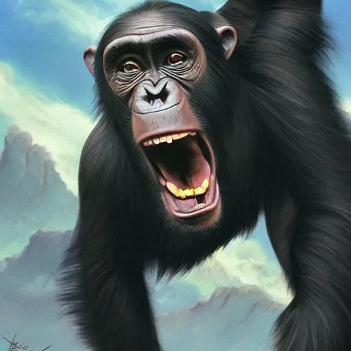 Image similar to Strong Angry Chimpanzee Screaming, Boris Vallejo, Epic, 8k resolution, ArtStation, Hyperrealistic