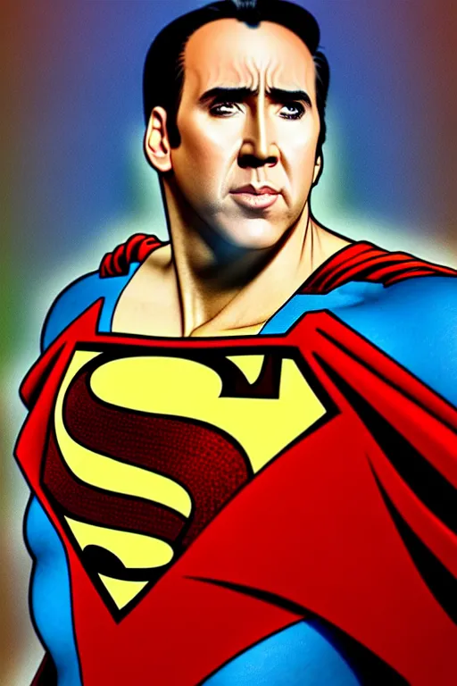 Image similar to nicolas cage as superman, art by artgerm and greg rutkowski and alphonse mucha