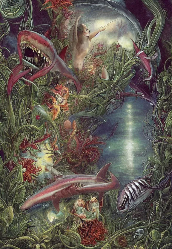 Prompt: simplicity, elegant, colorful muscular sharks, human babies, botany, orchids, radiating, colorful mandala, psychedelic, overgrown garden environment, by h. r. giger and esao andrews and maria sibylla merian eugene delacroix, gustave dore, thomas moran, pop art, biomechanical xenomorph, art nouveau, apocalyptic