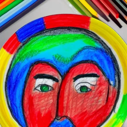 Image similar to a colorful crayon drawing of a face on a paper plate