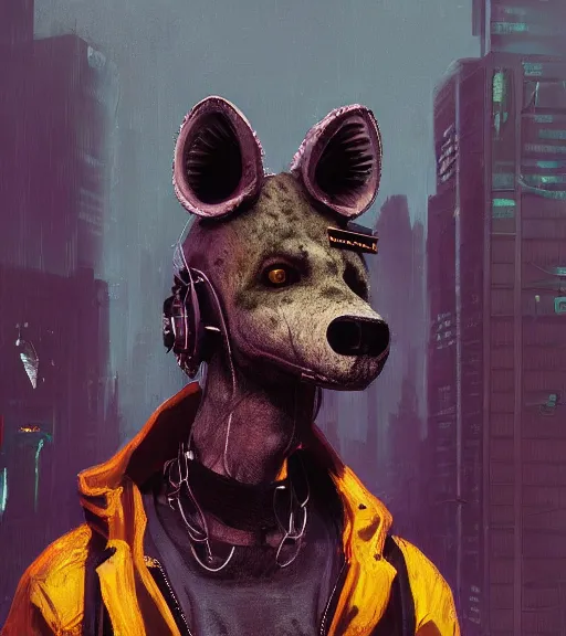 Prompt: new york city portrait of furry anthro anthropomorphic spotted hyena head animal person fursona wearing clothes strange cybernetic muzzle gloomy rainy screenshot from the video game cyberpunk 2077 digital art by Greg Rutkowski, Simon Stalenhag, christopher nolan trending on Artstation, CGSociety