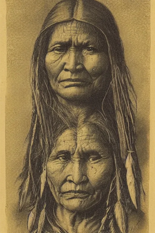 Prompt: “19th century wood engraving of a Native American indian, squaw, portrait, Nanye-hi (Nancy Ward): Beloved Woman of the Cherokee, pain and sadness on his face, drawn with charcoal pencil, ancient”