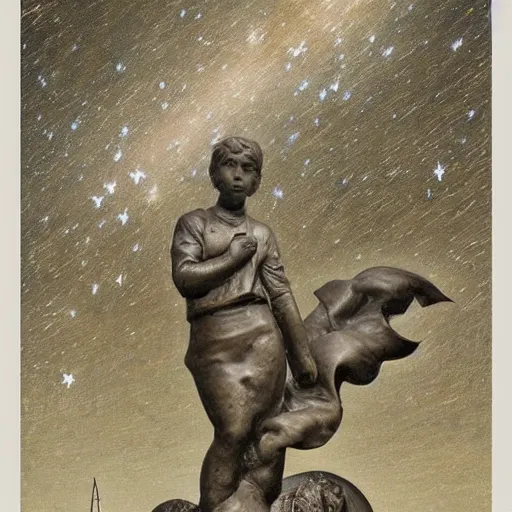 Prompt: A beautiful sculpture featuring a night sky filled with stars, and a small town in the distance. The sculpture is very peaceful and calming mac and cheese by Jules Bastien-Lepage ordered, desaturated