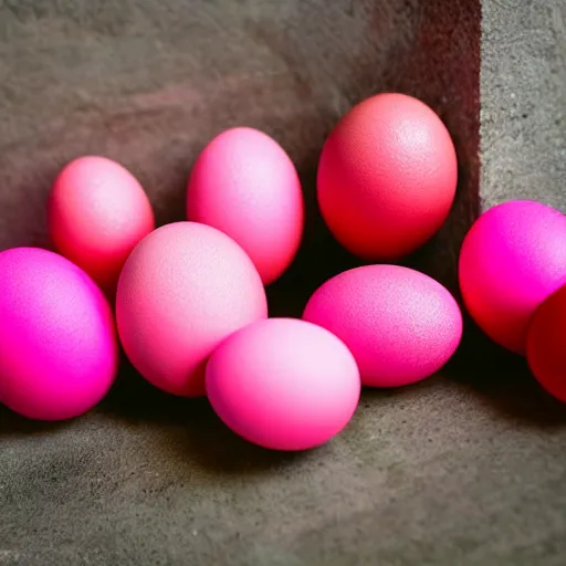 Prompt: bright pink bubblegum, shaped like eggs, award winning photo, close up, high quality