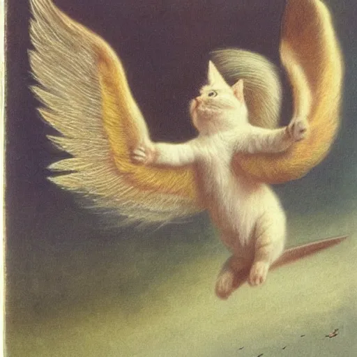 Prompt: a cat with wings an illustration by Michael Sowa