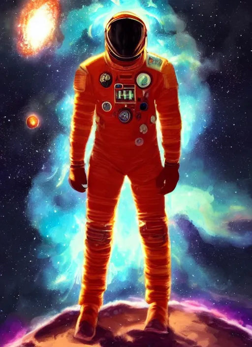 Image similar to handsome black man in an advanced spacesuit in front of exploding nebulae halos, digital illustration trending on artstation by artgerm and rutkowski