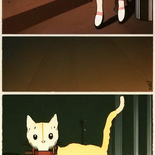 Prompt: a cat with cybernetic legs, highly detailed, by satoshi kon + ghibli