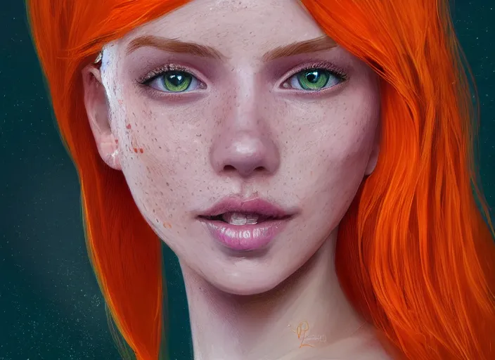 Image similar to portrait of a beautiful smiling girl with orange hair and freckles, green eyes, elegant. highly detailed, digital painting, artstation, concept art, smooth, sharp, focus, illustration. background is purple, art by Lera Kiryakova