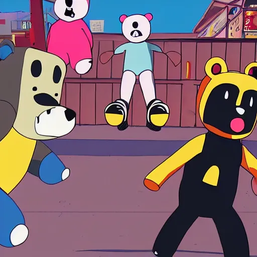 Image similar to happybears!, humanoid bears, bear costumes, happy faces, evil happy faces, rollerblading, rollerskates, four humanoid bears, 2 0 0 1 anime, flcl, golden hour, japanese town, cel - shaded, strong shadows, vivid hues, y 2 k aesthetic