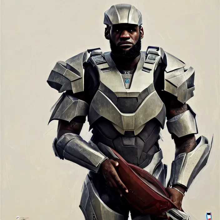 Image similar to LeBron James wearing Forerunner armor from Halo, countryside, calm, fantasy character portrait, dynamic pose, above view, sunny day, thunder clouds in the sky, artwork by Jeremy Lipkin and Giuseppe Dangelico Pino and Michael Garmash and Rob Rey and Greg Manchess and Huang Guangjian, very coherent asymmetrical artwork, sharp edges, perfect face, simple form, 100mm