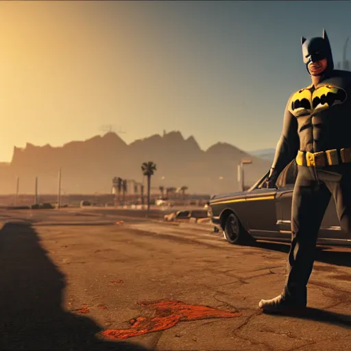 Image similar to trevor philips ( gta 5 ) as batman, town of sandy shores ( gta 5 ) in background. unreal engine 5, 4 k, high quality