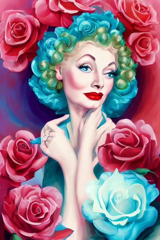 Prompt: beautiful digital painting of Lucille Ball and blue roses and pearls by Georgia O\'Keeffe, Carmelo Blandino, Cyril Rolando, artstation, Behance, 4K,