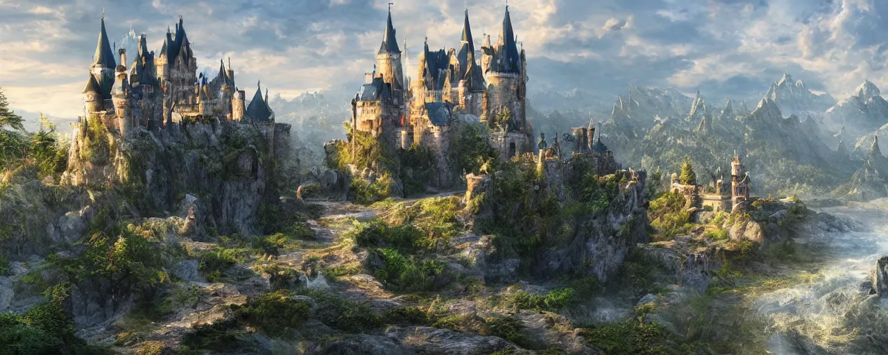 Image similar to A dream fantasy landscape with a castle, highly detailed, hyper realistic, 4k