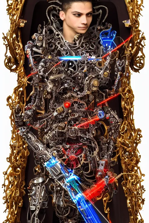 Prompt: full-body baroque and futuristic and cyberpunk style sculpture of a young sultry Latino king half android with a mechanical chest opening exposing circuits, glowing red seductive laser eyes, crown of golden gears and blue diamonds, swirling red-colored silk fabric, robotic raptor dinosaurs. glass and laser baroque elements. full-length view. intricate artwork by caravaggio. art by Artgerm and Greg Rutkowski and Alphonse Mucha, Trending on artstation, cinematic industrial lighting, hyper realism, octane render, 8k, depth of field, 3D