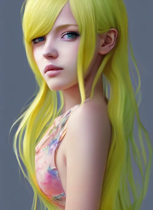 Image similar to the most beautiful cute anime girl portrait pastel yellow coloured hair, extremely detailed green eyes, professional 3 d visualisation in pastel colours, by wlop, intricate linework, trending on artstation, unreal engine 5 highly rendered