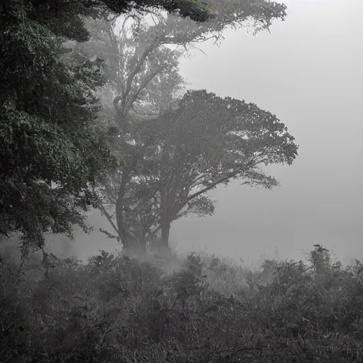 Image similar to battle of large proportions in the jungle foggy mist