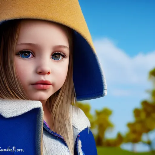 Image similar to a little portuguese girl with white - fair!!!!! skin, dirty blonde hair and blue eyes, wearing a disney land coat and blue jeans, 4 k, 8 k, photorealistic facial features