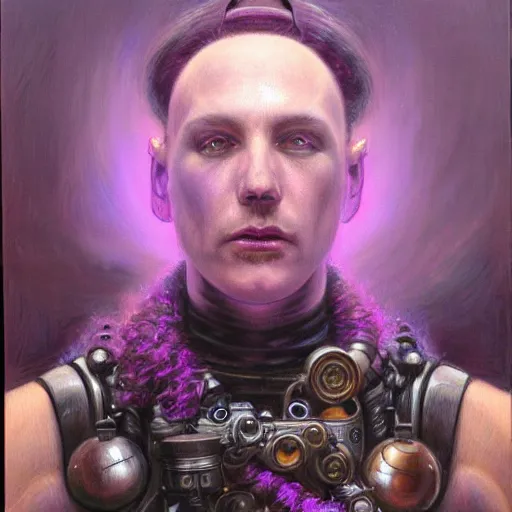 Image similar to portrait of an steampunk android that emits purple fog, by donato giancola