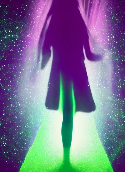 Image similar to a symmetrical female silhouette walking, astral projection, green purple glowing aura, out of body experience, film grain, cinematic lighting, experimental film