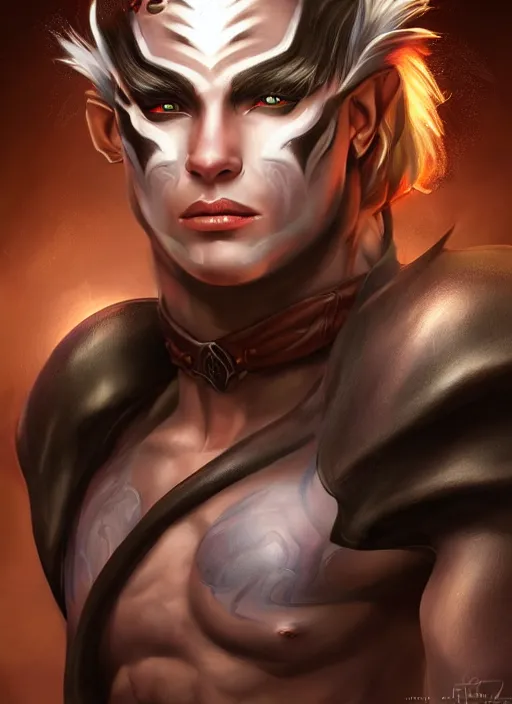 Image similar to a higly detailed airbrush full body shot and face portrait painting of a fantasy male character, pathfinder, dynamic lighting, ambient lighting, deviantart, art by artgerm