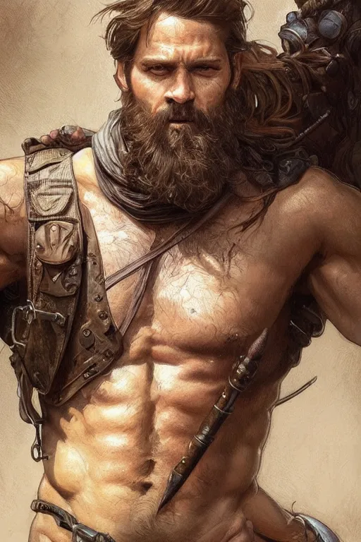 Image similar to portrait of a rugged ranger, muscular, upper body, hairy torso, D&D, fantasy, intricate, elegant, highly detailed, digital painting, artstation, concept art, smooth, sharp focus, illustration, art by artgerm and Greg Rutkowski and Alphonse Mucha