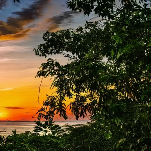 Prompt: stunning photorealistic sunset over statue of liberty taken over by vegetation in the amazon forest