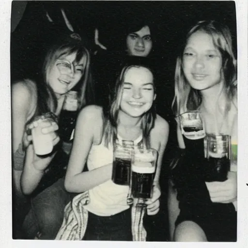 Image similar to a polaroid photo of teenagers drinking beer and having a party in the 1970s