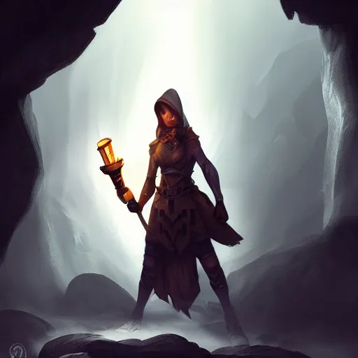 Image similar to a epic hero adventurer holding a torch in a dark cave, artgerm, realistic, cryengine, symmetric