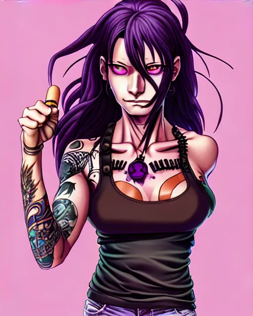 Image similar to a portrait of revy from black lagoon, dilraba dilmurarevy, smirk, black tank top, jean shorts, brown eyes, purple hair, tribal tattoos right arm sleeve, symmetrical eyes, symmetrical face, art by lois van baarle and loish and ross tran and rossdraws and sam yang and artgerm