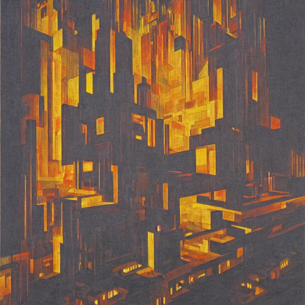Prompt: isometric artdeco nuclear blast cathedral at night by frank lloyd wright, isometric, painted by piet mondrian