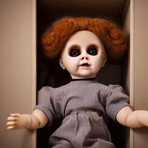 Prompt: creepy doll sitting on shelf, staring at camera, 8 k, photorealistic, dark