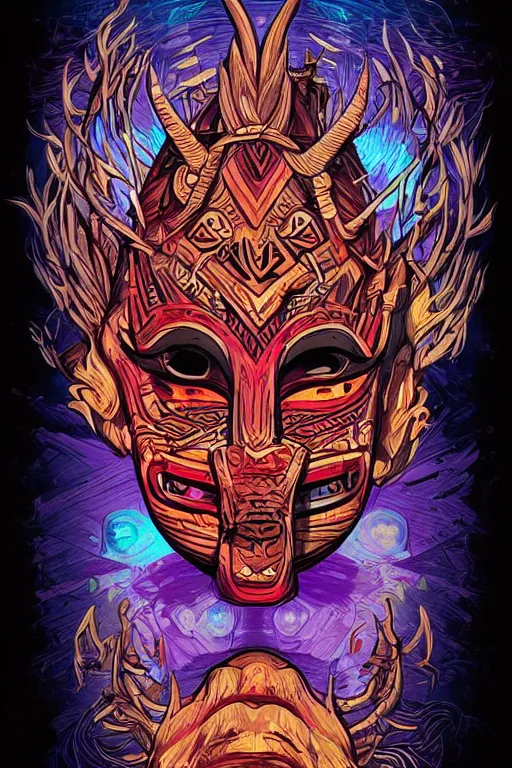 Image similar to totem animal tribal chaman vodoo mask feather gemstone plant wood rock video game illustration vivid color borderlands by josan gonzales and dan mumford radiating a glowing aura