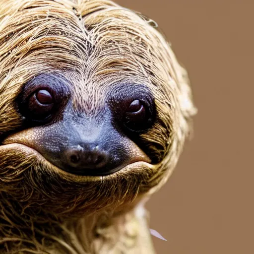 Prompt: a photo of a hybrid animal which is half sloth and half frog