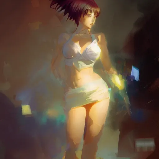 Image similar to craig mullins painting of an anime woman, direct flash photography at night